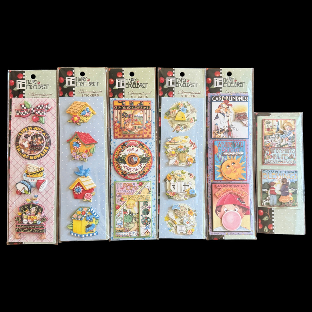 Lot of 6 Mary Engelbreit Dimensional Stickers 3D Birthday Garden Bowl Birdhouse